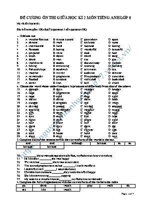 Đề cương ôn thi giữa học kì 2 môn Tiếng Anh Lớp 6
